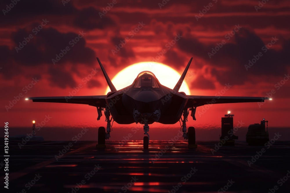 Fototapeta premium Jet on aircraft carrier at sunset, ready for flight. Military concept