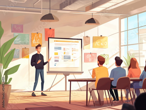 Entrepreneur pitching a startup idea in a modern meeting room with a presentation screen.