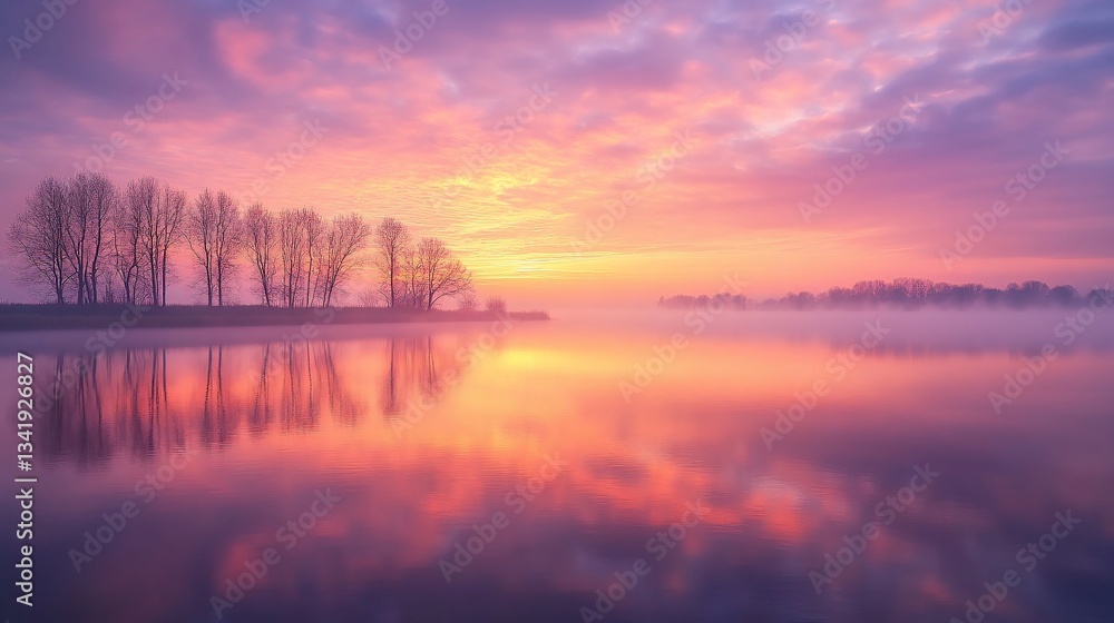 Fototapeta premium Magnificent pastel dawn reflecting on the still lake surface landscape