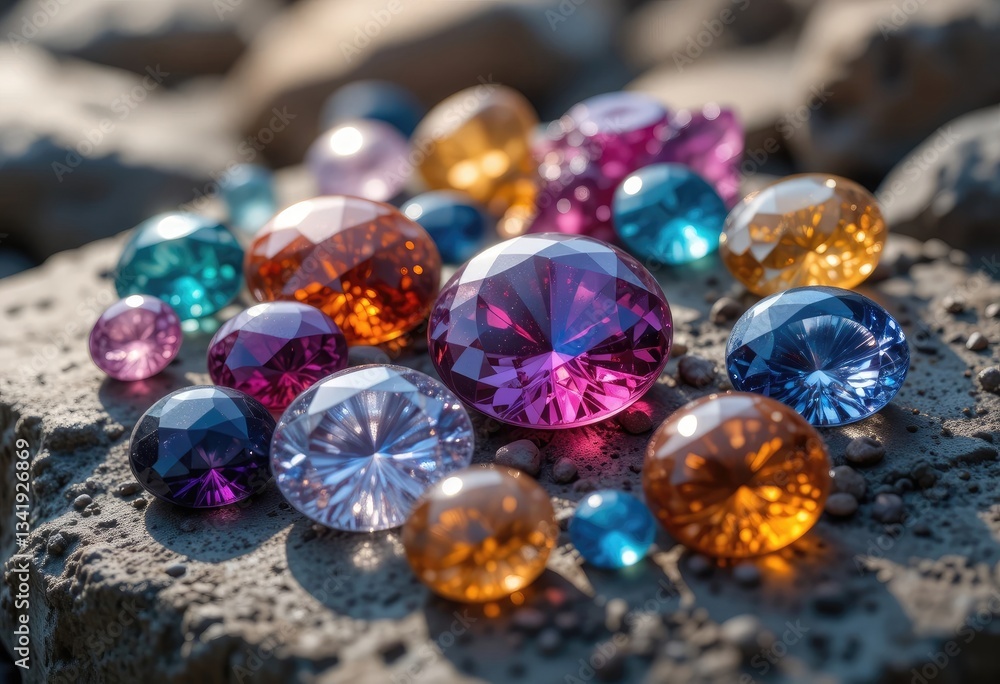 Colorful Gems and Jewels Scattered on Rough Stone Surface Gleaming Brightly Colorful Gems and Jewels Scattered on Rough Stone Surface Gleaming Brightly