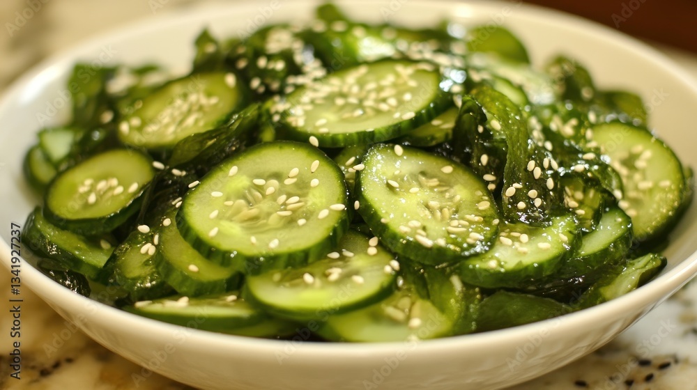 Delicious cucumber salad with sesame seeds, served in a white bowl, healthy food Delicious cucumber salad with sesame seeds, served in a white bowl, healthy food