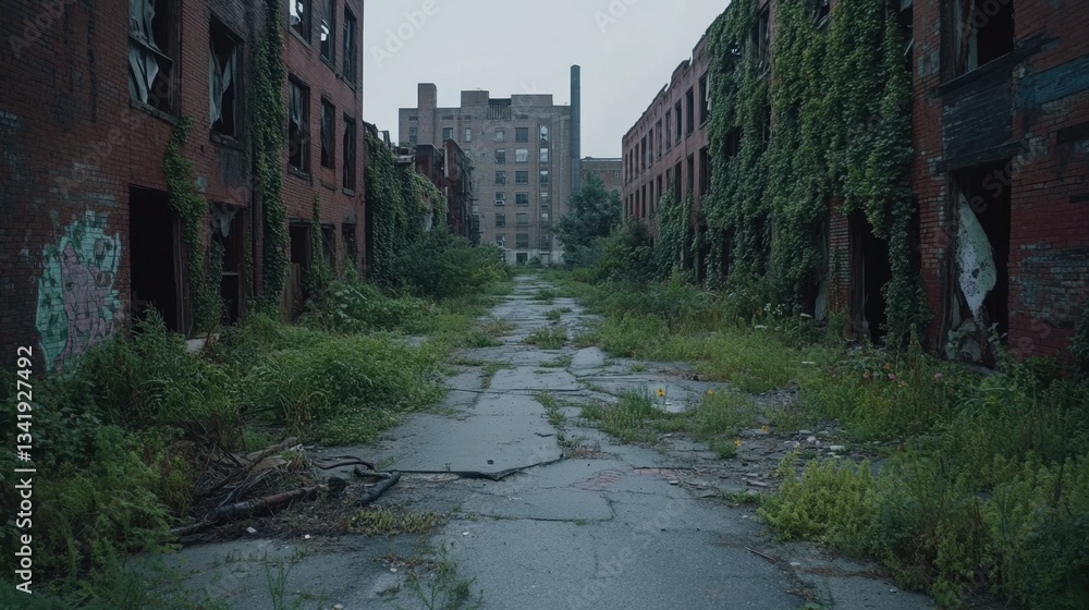 An abandoned city street surrounded by derelict buildings, vines creeping through broken windows, and nature slowly taking over the ruins. An abandoned city street surrounded by derelict buildings, vines creeping through broken windows, and nature slowly taking over the ruins.