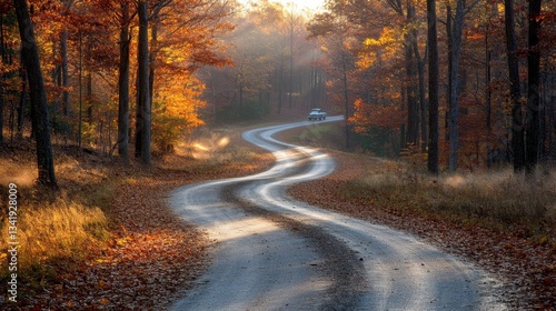 A curvy mountain road surrounded by vibrant autumn trees, with a lone vehicle driving towards the misty horizon. Serene nature escape in fall.