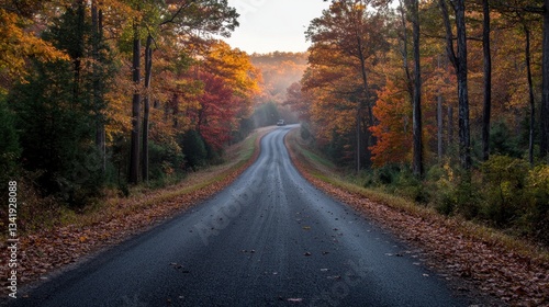 A lonely highway stretching through an autumn forest, bathed in golden light. Tranquil road trip scene with vivid fall colors and a single car.