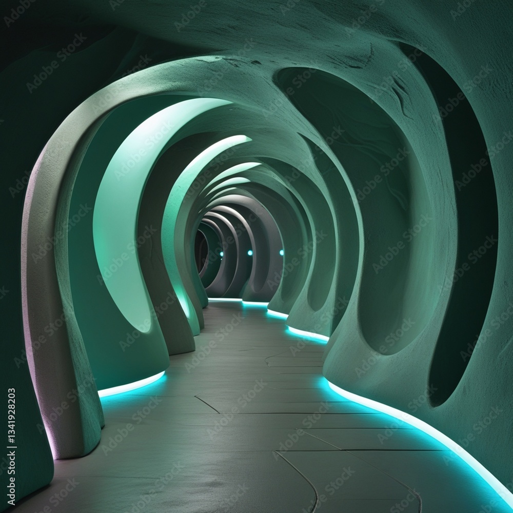 Obraz premium 4차원 미래 빛 네온 led 형광 조명 복도 통로 길 초록 동굴 어둠 기하학 신비한 환상적인 휴대폰 핸드폰 배경 화면