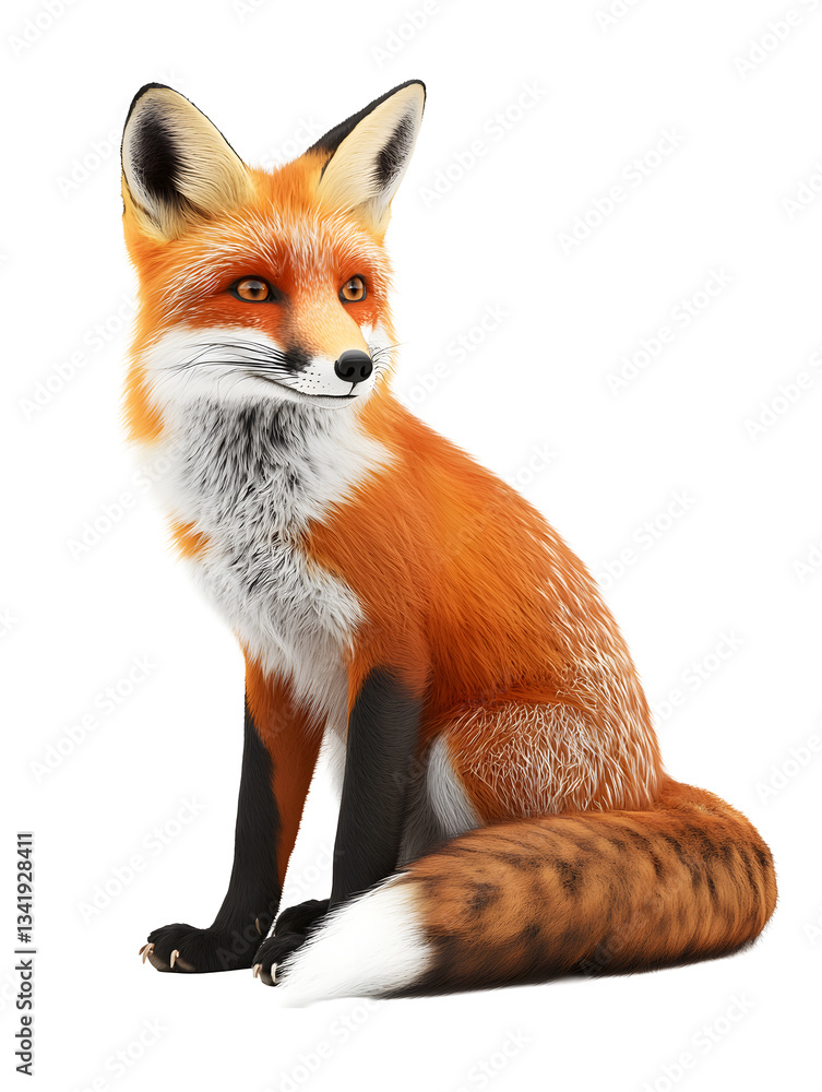 Obraz premium Highly detailed, photorealistic red fox sitting gracefully on a white background