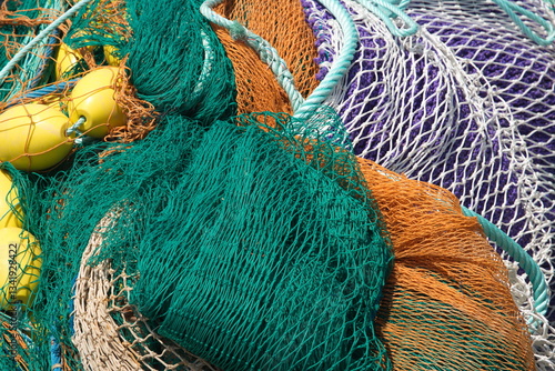background of colorful fishing nets and floats