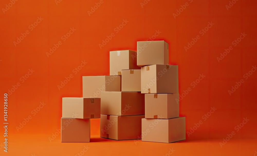 Stacked cardboard boxes on orange studio background Stacked cardboard boxes on orange studio background