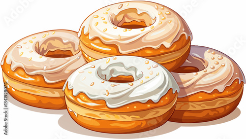 sugar coated donuts, icing white sugar on top of thick and creamy doughnut, closeup photo with neutral background, food and bakery content White background