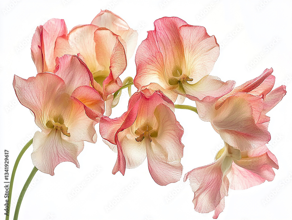 A delicate cluster of pink orchid flowers against a soft, white background A delicate cluster of pink orchid flowers against a soft, white background