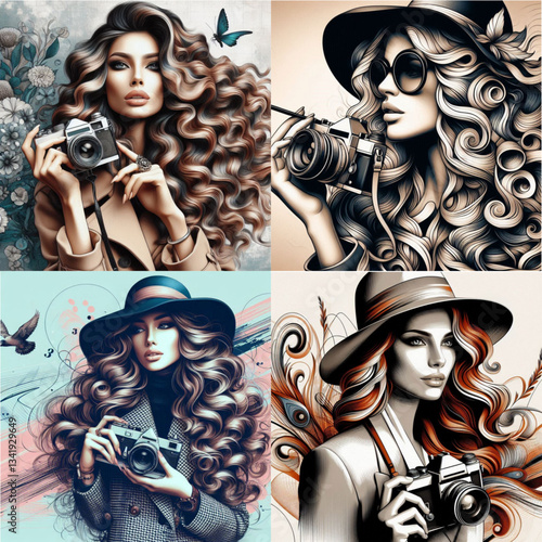 Illustrated portraits of stylish women with cameras and fashionable hairstyles