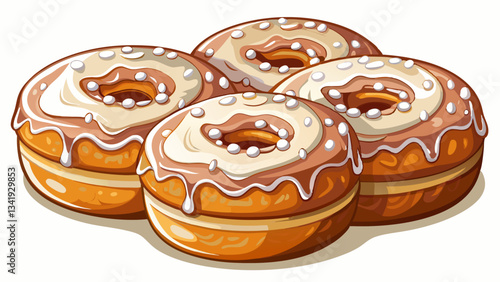 sugar coated donuts, icing white sugar on top of thick and creamy doughnut, closeup photo with neutral background, food and bakery content White background