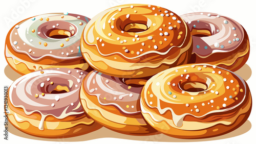 sugar coated donuts, icing white sugar on top of thick and creamy doughnut, closeup photo with neutral background, food and bakery content White background