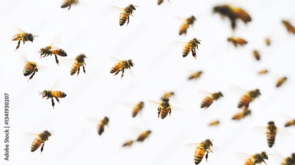 A swarm of bees flying in unison, captured in motion against a white background A swarm of bees flying in unison, captured in motion against a white background