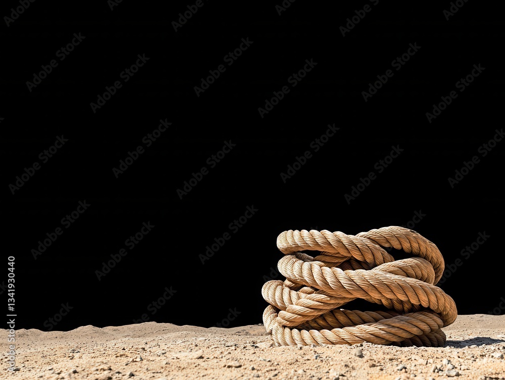 Fototapeta premium Coiled Nautical Rope on Sand Isolated Against Black Background, Outdoor Texture