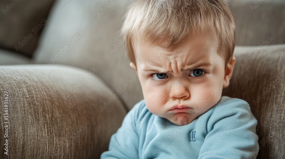 A frustrated toddler with a pouty expression sitting on a couch, showcasing a moment of displeasure at home A frustrated toddler with a pouty expression sitting on a couch, showcasing a moment of displeasure at home
