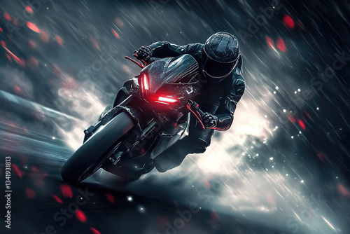 Motorcycle racer speeding in the rain focused and determined for the ultimate thrill