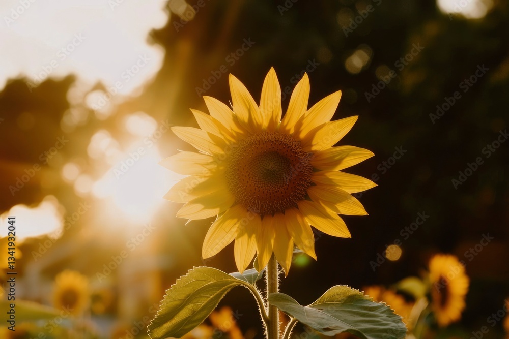 Naklejka premium Sunflower in field with sunset. Background sunflowers blurred. Stock photo