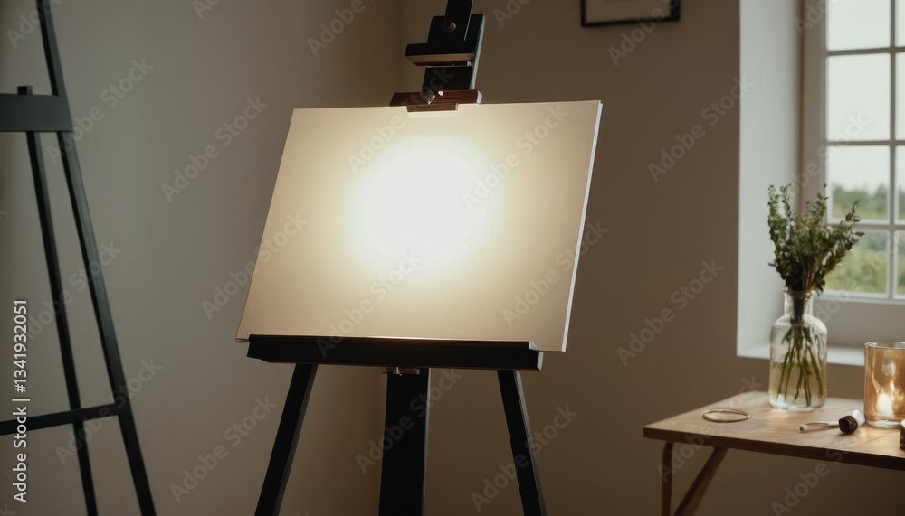 A4 paper mockup on easel with light shining on blank paper A4 paper mockup on easel with light shining on blank paper