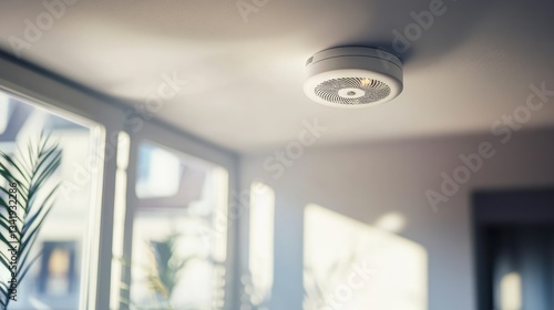 Modern smoke detector mounted on a ceiling in a bright room with natural light, showcasing a serene home environment