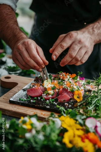 Person preparing seafood dish with greens outside; culinary art presentation