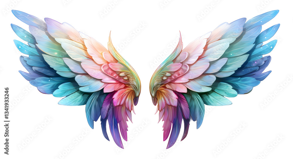 Obraz premium Fantasy colofrul fairy wings isolated on transparent background. Beautiful gentle angel wings for picture design