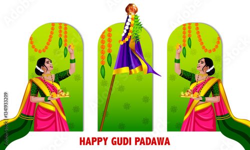 A beautiful Gudi Padwa design featuring a women in festive attire a ritual plate a decorated Gudi and warm Marathi greetings representing tradition and joy