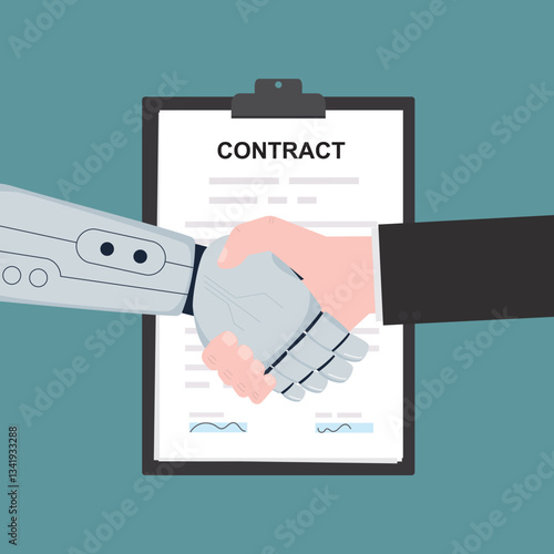 Ai robot and businessman shaking hands. Partnership between man, humanoid robots. Handshake, online collaboration between human and artificial intelligence.