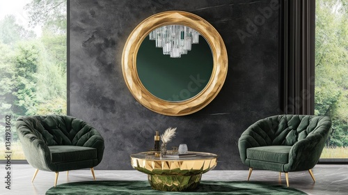 Luxurious gold mirror, green velvet chairs, coffee table, modern interior design