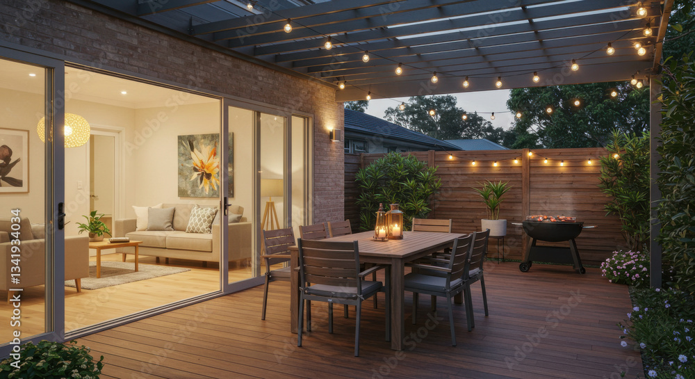 Fototapeta premium an outdoor dining patio connected to the living room evening barbecue
