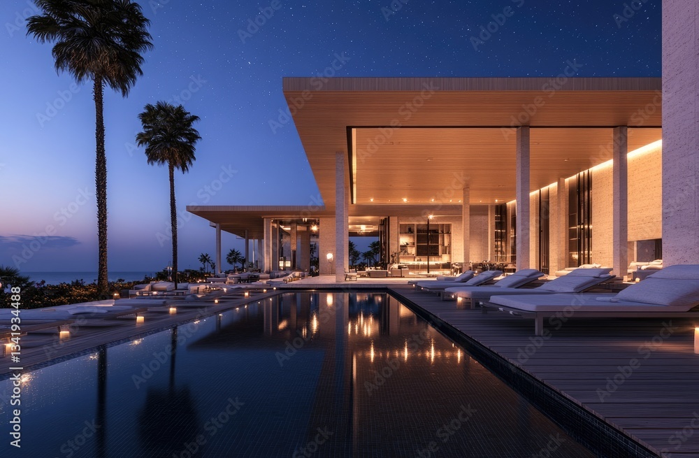 Obraz premium the exterior of an ultra-luxury villa in Phuket, Thailand at night, featuring a pool and loungers on a wooden deck near the swimming pool.