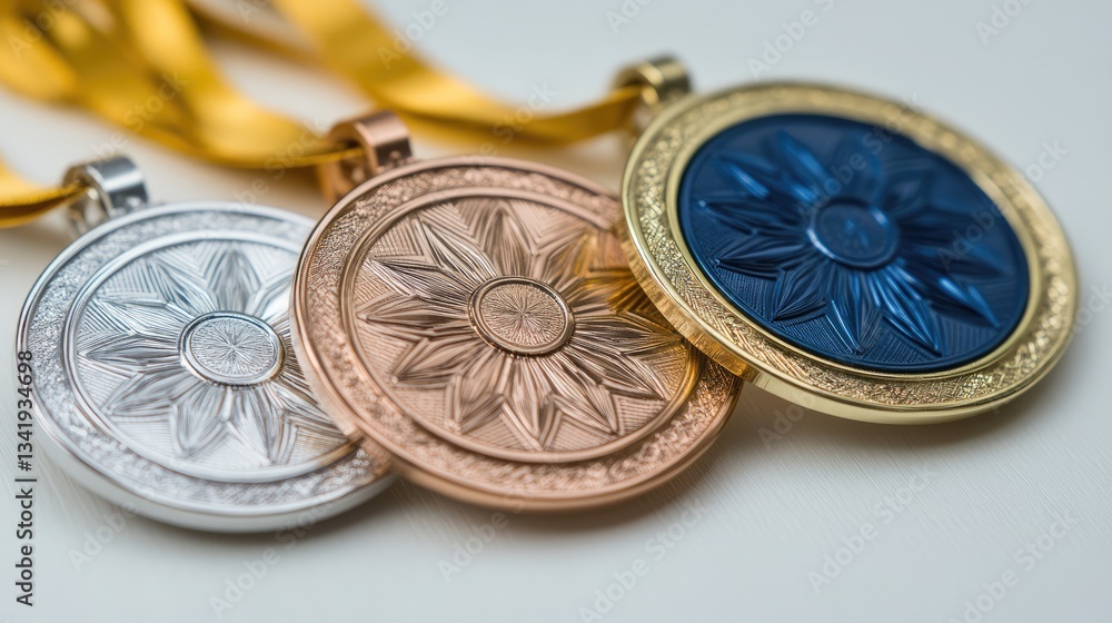 Close-up view of three distinct medals—gold, silver, and bronze—displayed with vibrant ribbons against a soft background Close-up view of three distinct medals—gold, silver, and bronze—displayed with vibrant ribbons against a soft background