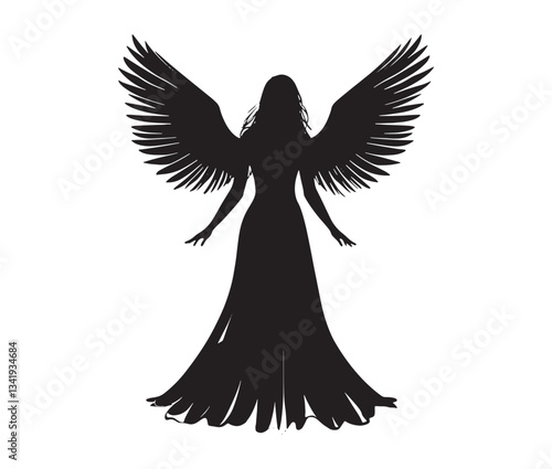 Silhouette Angel Wings Isolated On White. Elegant Winged Woman Vector Illustration