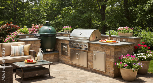 an outdoor kitchen patio with a grill and countertop for food preparation summer cooking