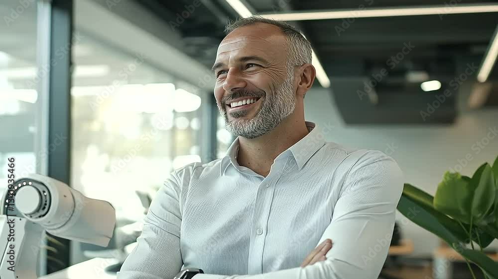 Confident entrepreneurs utilizing AI in a modern office setting Confident entrepreneurs utilizing AI in a modern office setting
