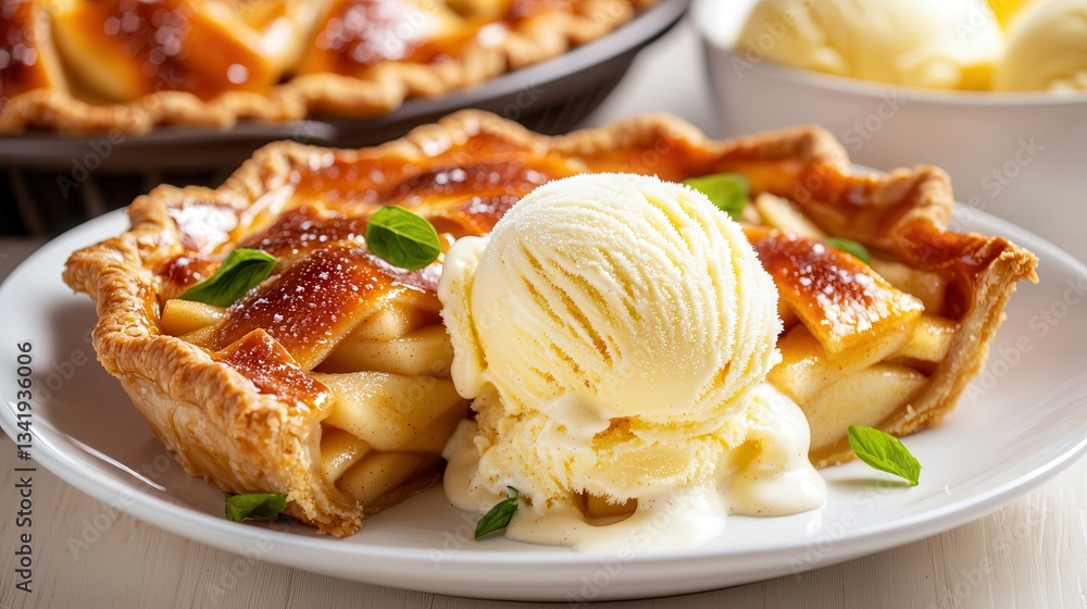 Vanilla ice cream apple pie dessert. Delicious apple pie with ice cream and mint garnish served on a plate. Vanilla ice cream apple pie dessert. Delicious apple pie with ice cream and mint garnish served on a plate.