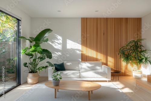 Living room with plants, sofa, wood wall and sun ray, for real estate