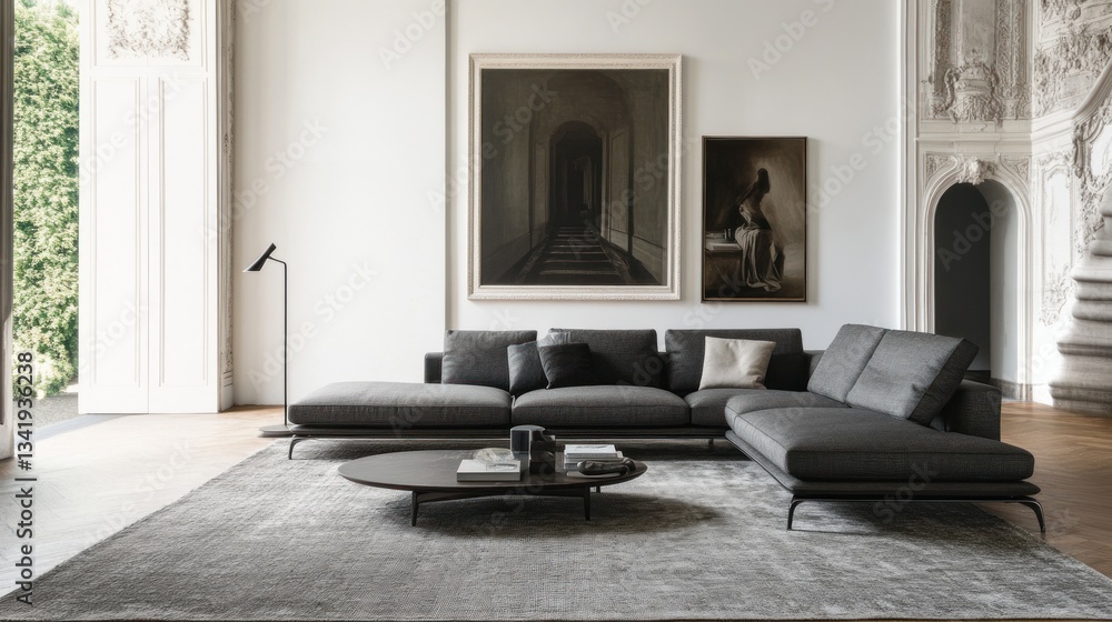 Luxurious grey sectional sofa in elegant, spacious room with artwork Luxurious grey sectional sofa in elegant, spacious room with artwork