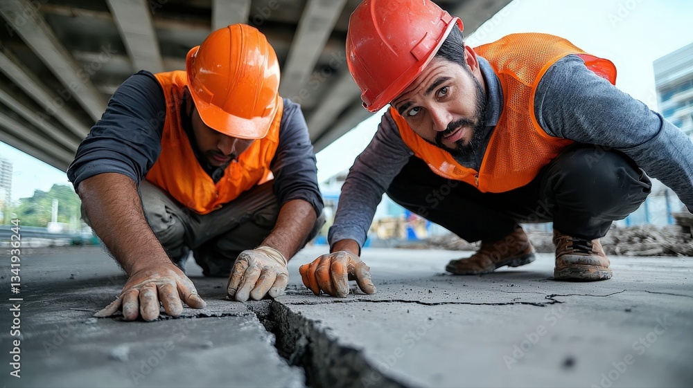 Structural engineers assessing cracks on a concrete bridge support, safety hazard evaluation Structural engineers assessing cracks on a concrete bridge support, safety hazard evaluation