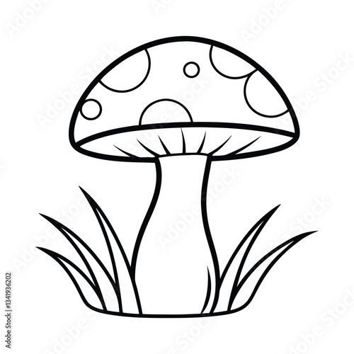 Cute, outlined mushroom in grass, ready for coloring.