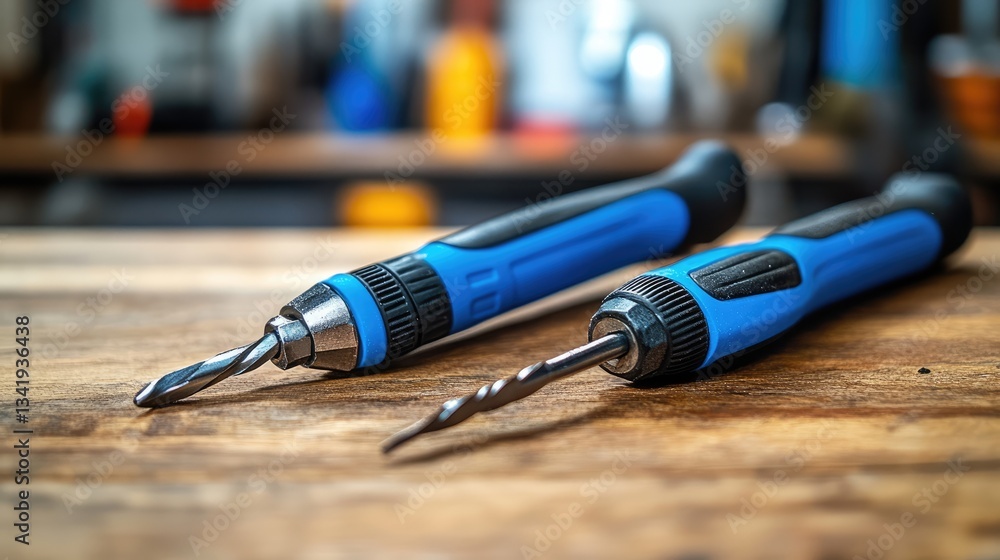 Close-up of two blue-handled screwdrivers with drill bits on a wooden workbench in a workshop setting Close-up of two blue-handled screwdrivers with drill bits on a wooden workbench in a workshop setting