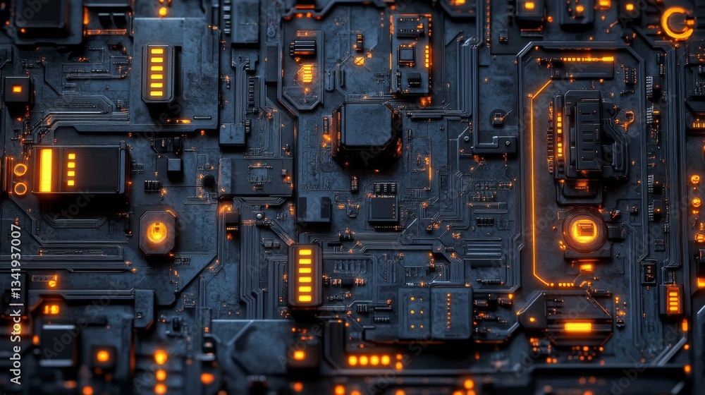 Fototapeta premium Dark Metallic Circuit Board with Glowing Orange Components