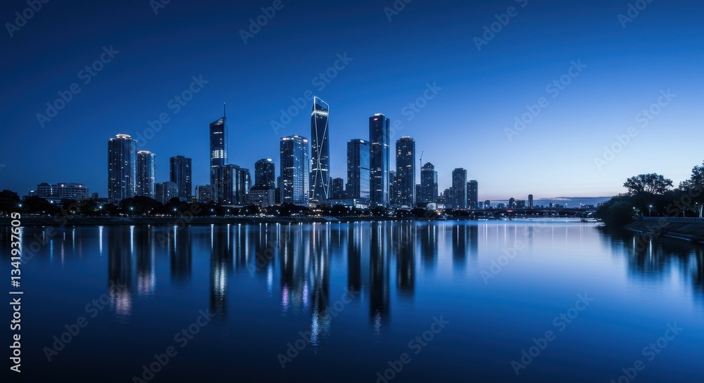 Fototapeta premium Night skyline of a city reflecting on calm water, serene atmosphere