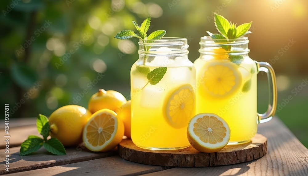 Fototapeta premium Glass jars of homemade lemonade with ice on rustic wooden table