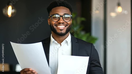 Confident manager holding quality guarantee mark certificate in office