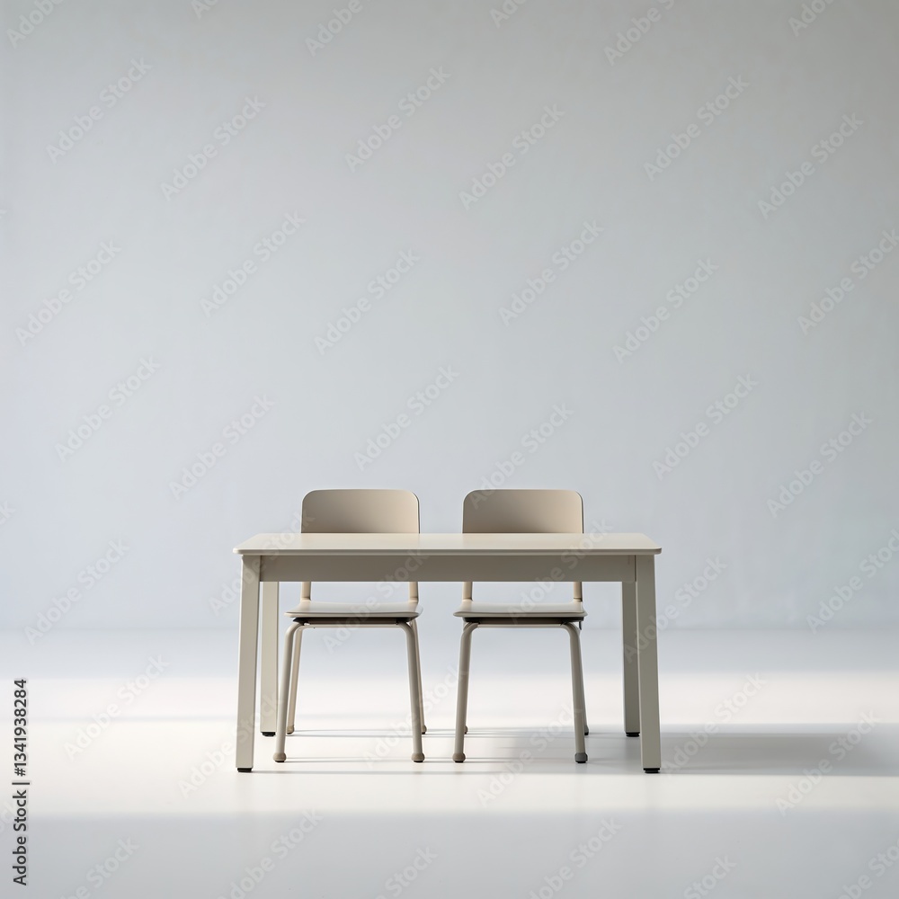 A minimalist school setting showcases a round table accompanied by two light-colored chairs. The space is bright and uncluttered, emphasizing simplicity and functionality A minimalist school setting showcases a round table accompanied by two light-colored chairs. The space is bright and uncluttered, emphasizing simplicity and functionality