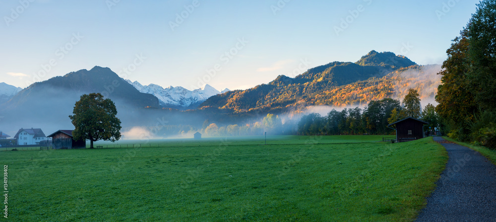 morning landscape with some fog, tourist resort Oberstdorf, allgau alps and green meadow