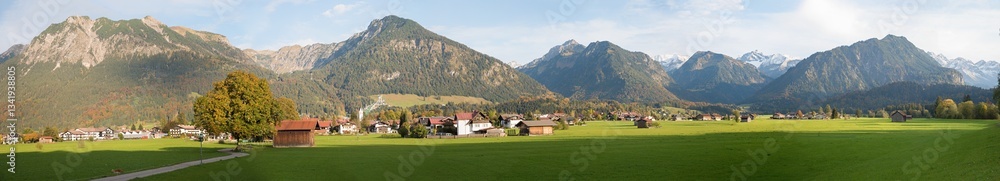 panoramic view of tourist resort Oberstdorf, allgau alps, in autumn