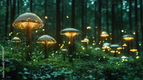 Fototapeta Naklejka Na Ścianę i Meble -  Enchanted bioluminescent mushrooms glowing in a mystical forest landscape