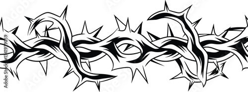 Barbed Wire Thorn Tattoo Design, Tribal, Gothic, Edgy, Black Ink Illustration
